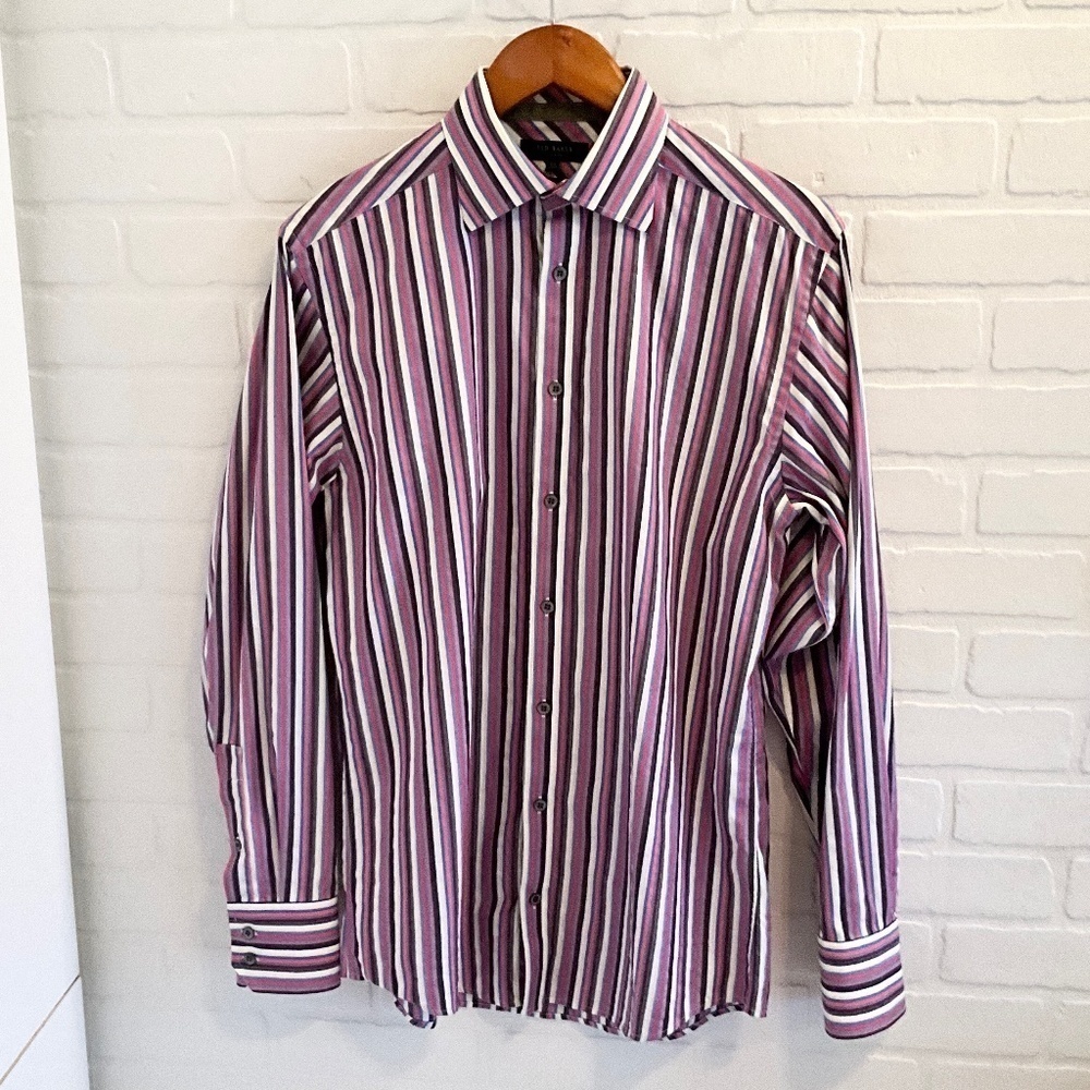 Ted Baker London Men’s Button Down Shirt Stripes Long Sleeve Purple Pink Sz 15.5